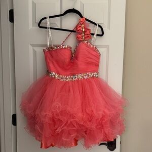 Coral Ruffled Party Dress with Rhinestone Details